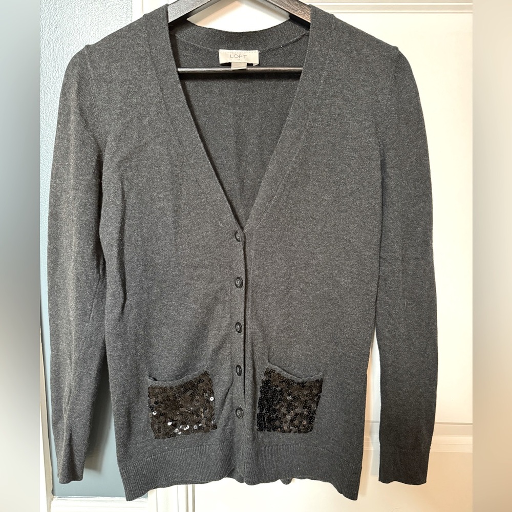 Ann Taylor Loft Sequin Pocket Grey Cardigan